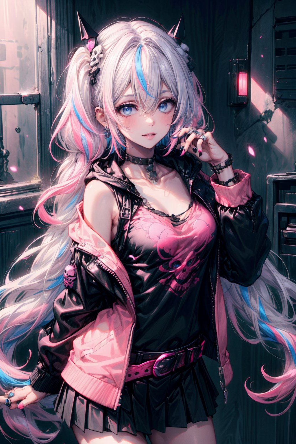 1girl, solo, long hair, breasts, looking at viewer, bangs, blue eyes, skirt, shirt, hair ornament, long sleeves, hair between eyes, twintails, jewelry, medium breasts, blue hair, standing, collarbone, jacket, pink hair, white hair, multicolored hair, cowboy shot, earrings, parted lips, open clothes, choker, belt, indoors, hood, miniskirt, off shoulder, nail polish, lips, streaked hair, black jacket, hoodie, black choker, ring, spikes, blue nails, skull, black belt, skull hair ornament, skull print