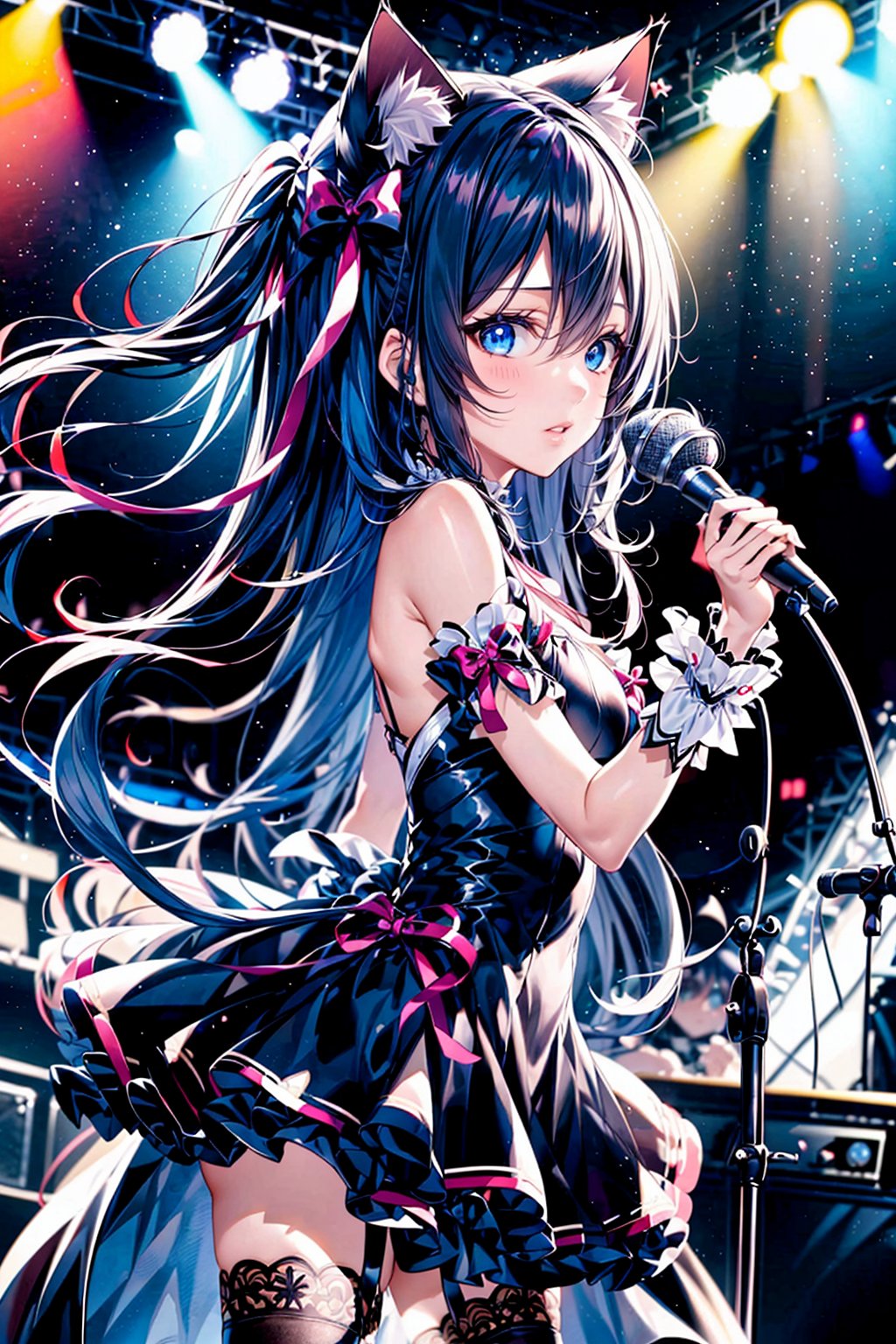 1girl, solo, long hair, breasts, looking at viewer, bangs, blue eyes, thighhighs, dress, bow, holding, animal ears, hair between eyes, bare shoulders, medium breasts, very long hair, blue hair, standing, hair bow, thighs, cowboy shot, frills, parted lips, solo focus, black thighhighs, cat ears, black dress, from side, animal ear fluff, wrist cuffs, microphone, extra ears, holding microphone, microphone stand, crowd, stage, stage lights, concert