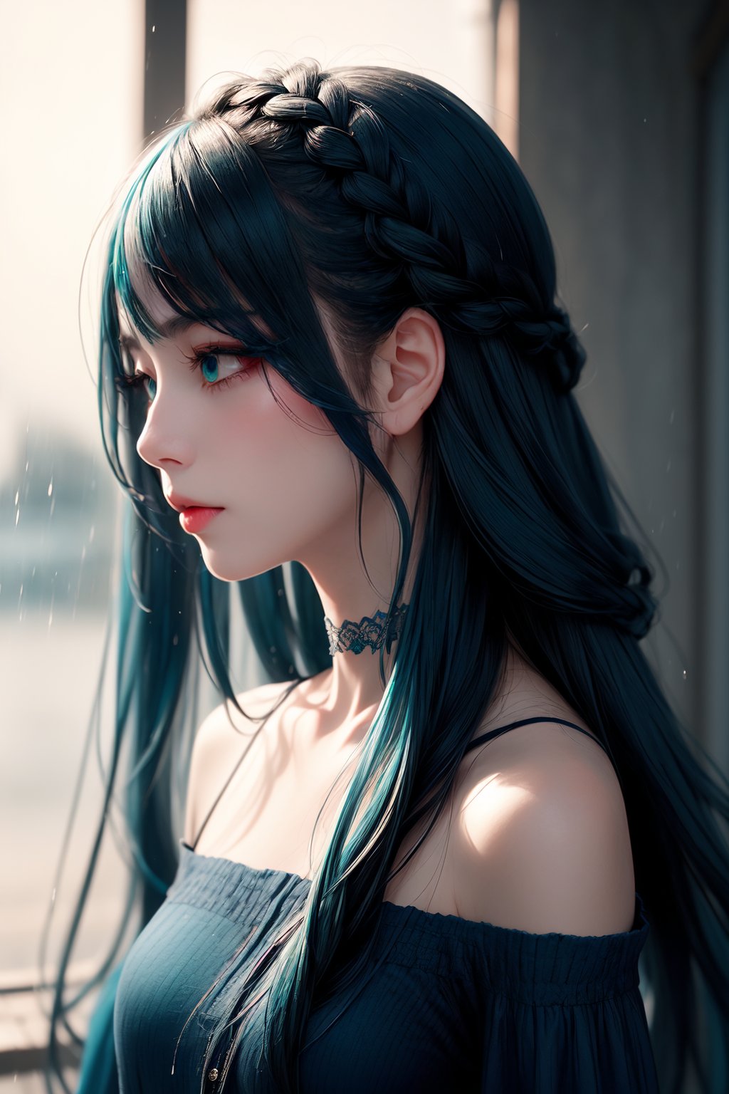 (Masterpiece, Ultra-detailed, Photorealistic), soft lighting, cool tones. A solo girl with long, flowing ((dark blue and teal gradient hair)), gently swaying in the wind. Her hair, slightly messy yet elegant, features subtle light reflections that highlight various shades of blue. She has pale, flawless skin, soft makeup with a hint of blush, and naturally parted lips, slightly open. Her deep, distant gaze looks towards the horizon, exuding a sense of calm and introspection. She wears a delicate choker and a simple, dark off-shoulder top, enhancing her serene, atmospheric presence. The background shows a blurred minimalist urban setting, bathed in cool ambient light, emphasizing the subject even more.

She is shown in a close-up profile view, with her long wavy hair extending down, intricate braids subtly woven in. Her eyelashes are tinted, giving her an ethereal touch. The setting hints at an indoor scene, with a window visible, softly blurred, and rain falling outside. Her dress, black and flowing, complements her slightly tousled hair. The overall mood is serene, reflective, with her multi-colored hair providing a striking contrast against the soft tones of the environment.