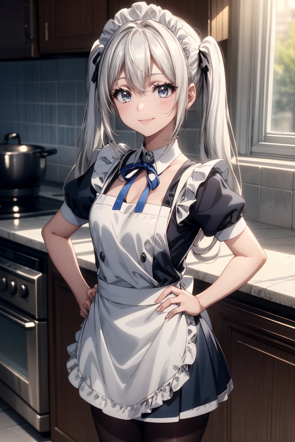 Masterpiece, Best Quality, High Resolution, 1 Girl, Solo, Long Hair, White Hair, Sidelocks, Twintails, Maid Headdress, Gray Eyes, Neck Ribbon, Ruffles, (Vertical Stripes), Blue Mini Dress, Short Sleeves, Apron, Black Pantyhose, Smiling Face, Hands on Hips, Cute Indoors, Kitchen, 1 Girl