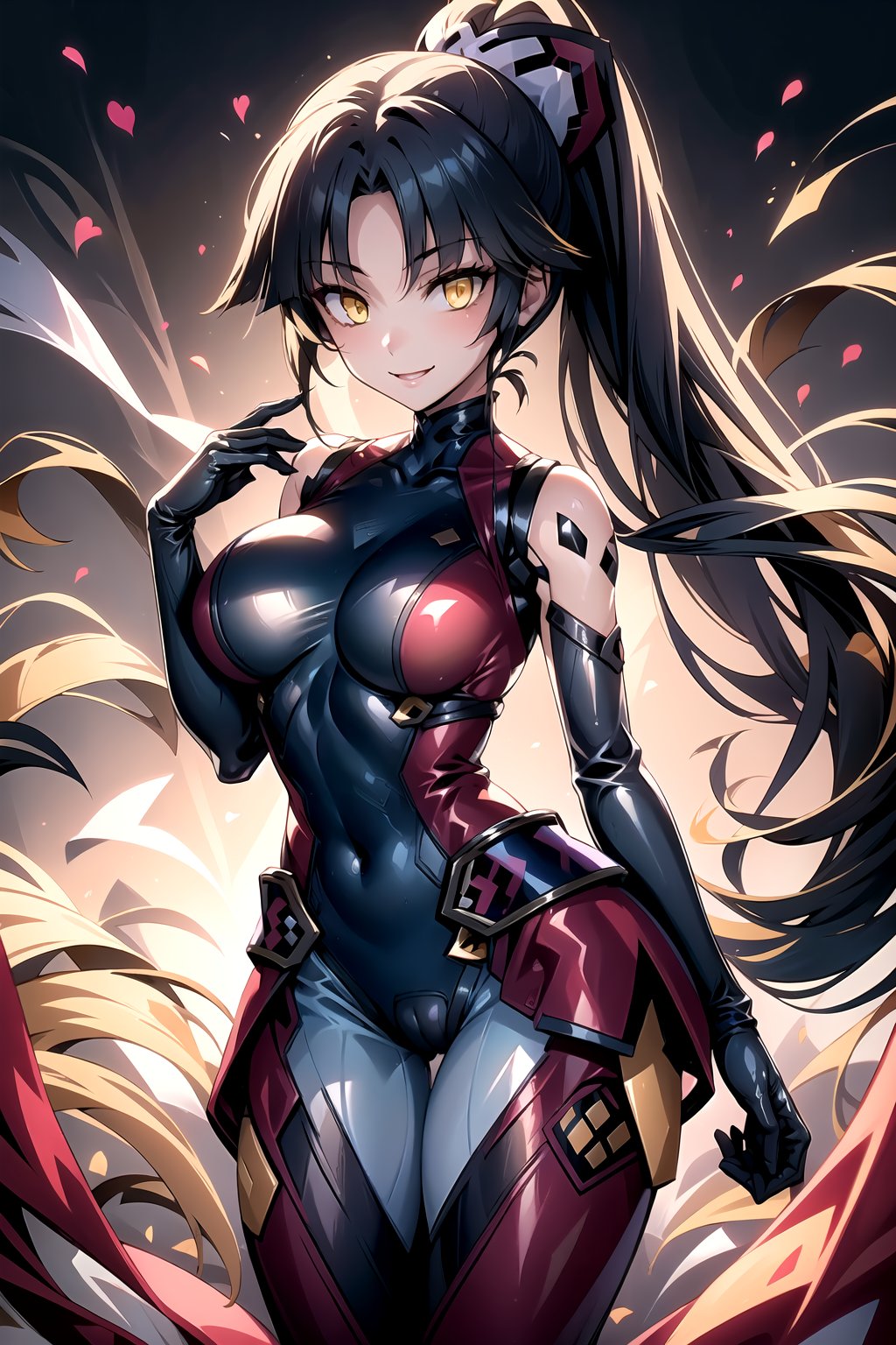 masterpiece, best quality, highres, 1girl, solo, standing, looking at viewer, large breasts, rubbersuit, latex suit, rubber suit, bodysuit, smile, simple background, white background, danzou katou, android, black hair, long hair, ponytail, (yellow eyes:1.5)