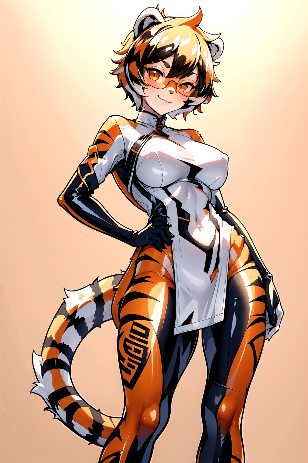 masterpiece, best quality, highres, 1girl, solo, standing, looking at viewer, large breasts, rubbersuit, latex suit, rubber suit, bodysuit, smile, simple background, white background, furry, furry female, anthro, tiger, waai_fu, Tiger stripes, round glasses