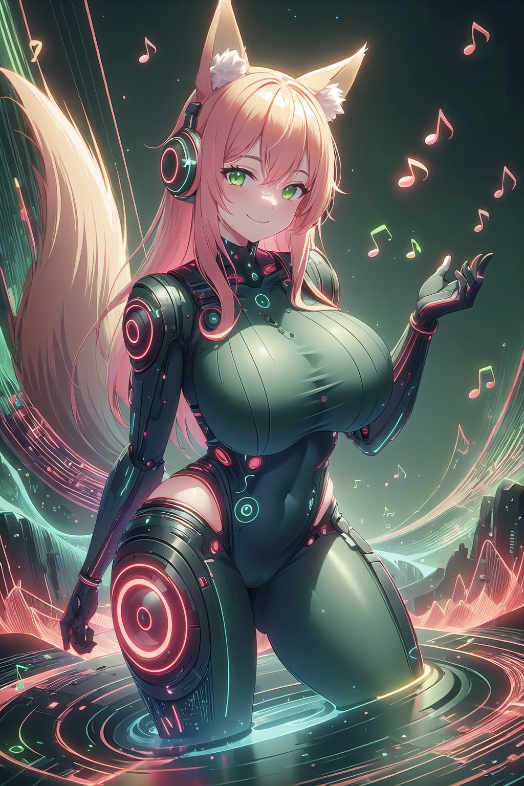 masterpiece, best quality, highres, soundwavetech, scifi, digital music, glowing frequencies, 1girl, solo, standing, looking at viewer, curvy body, large breasts, yellow hair, long hair, fox ears, fox tail, smile, green eyes