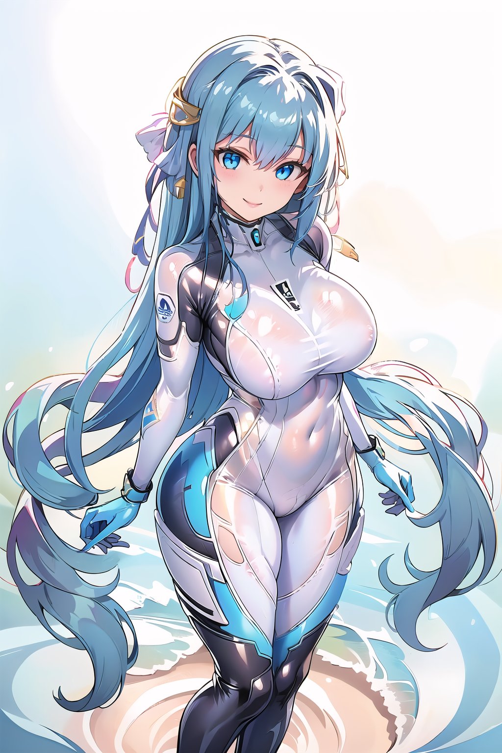 masterpiece, best quality, highres, 1girl, solo, standing, looking at viewer, large breasts, rubbersuit, latex suit, rubber suit, bodysuit, smile, simple background, white background, CoralVG, blue hair, blue eyes