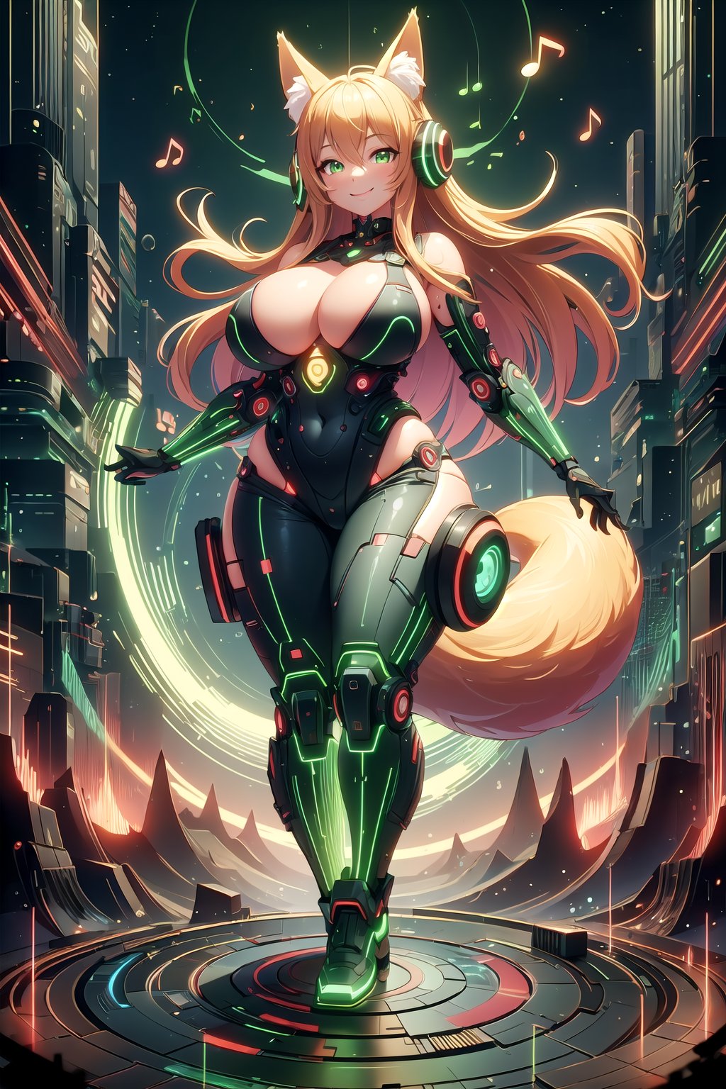 masterpiece, best quality, highres, soundwavetech, scifi, digital music, glowing frequencies, 1girl, solo, standing, looking at viewer, curvy body, large breasts, yellow hair, long hair, fox ears, fox tail, smile, green eyes