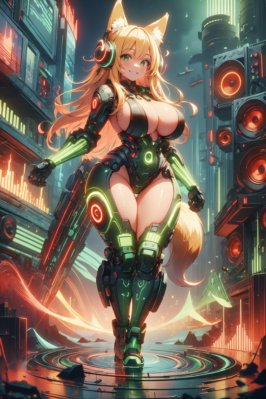 masterpiece, best quality, highres, soundwavetech, scifi, digital music, glowing frequencies, 1girl, solo, standing, looking at viewer, curvy body, large breasts, yellow hair, long hair, fox ears, fox tail, smile, green eyes