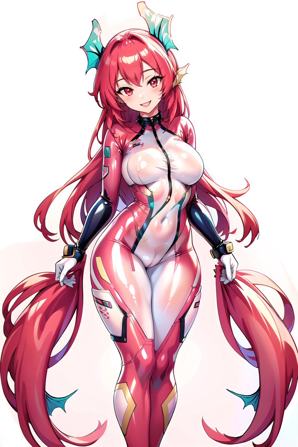 masterpiece, best quality, highres, 1girl, solo, standing, looking at viewer, large breasts, rubbersuit, latex suit, rubber suit, bodysuit, smile, simple background, white background, AngeVG, red hair, long hair, red eyes, head fins