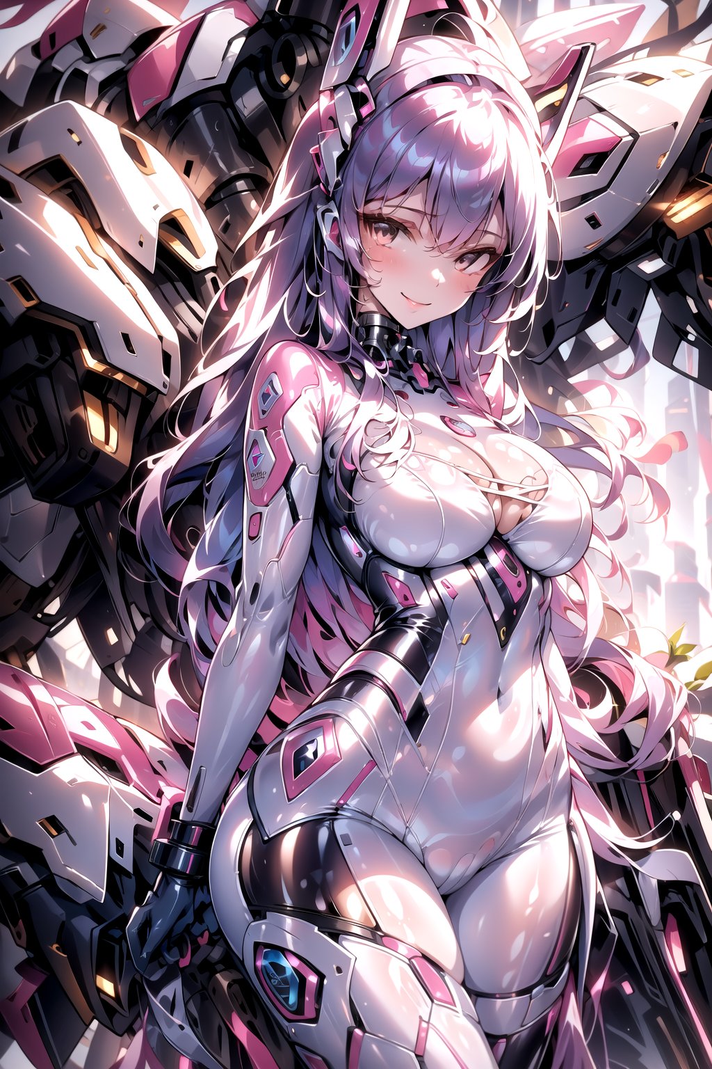 masterpiece, best quality, highres, 1girl, solo, standing, looking at viewer, large breasts, purple hair, long hair, rubbersuit, latex suit, rubber suit, bodysuit, smile, black eyes, simple background, white background, mecha