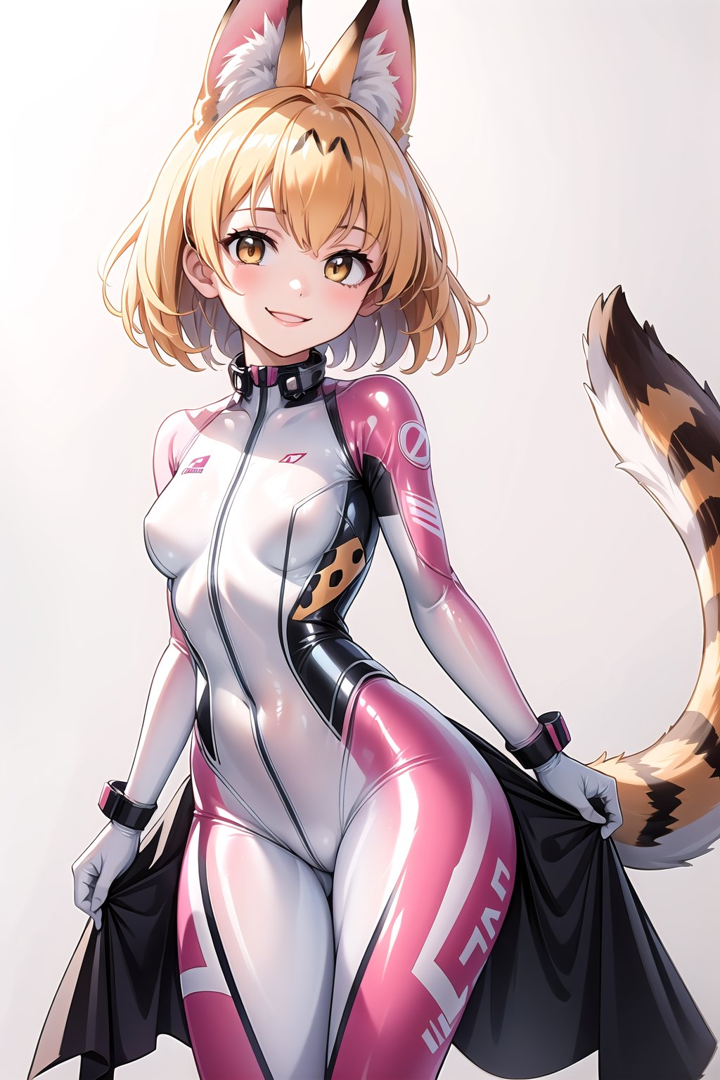 masterpiece, best quality, highres, 1girl, solo, standing, looking at viewer, rubbersuit, latex suit, rubber suit, bodysuit, smile, simple background, white background, serval, animal ears, short hair, serval print, tail, bow