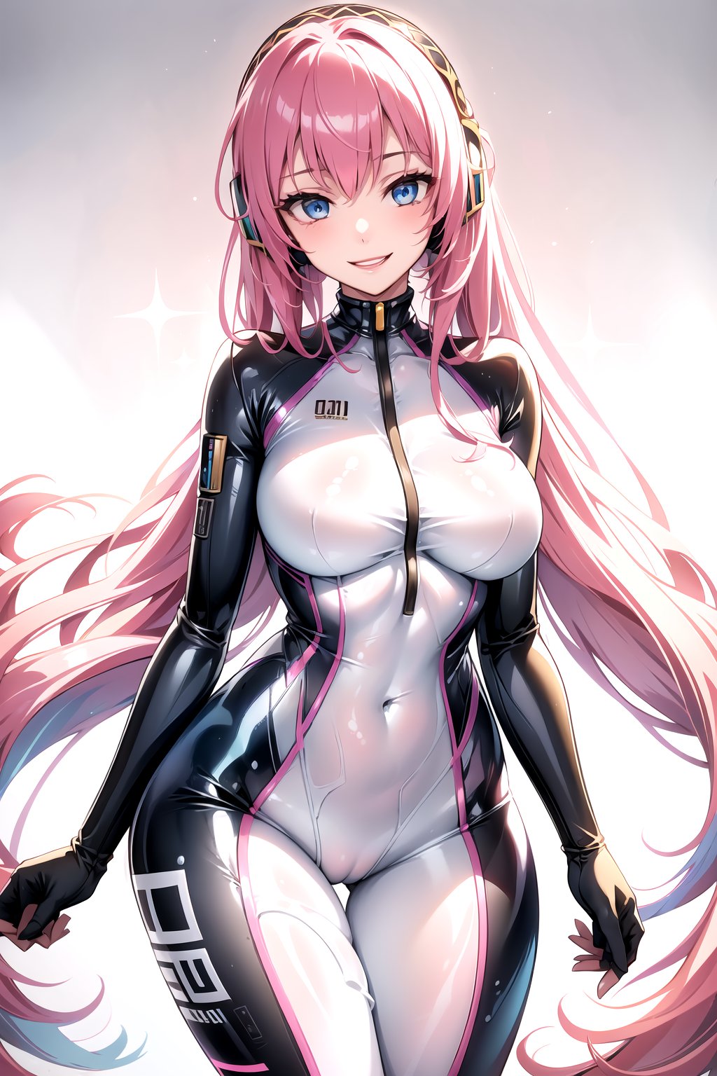 masterpiece, best quality, highres, 1girl, solo, standing, looking at viewer, large breasts, rubbersuit, latex suit, rubber suit, bodysuit, smile, simple background, white background, luka megurine, blue eyes, headphones, long hair, pink hair