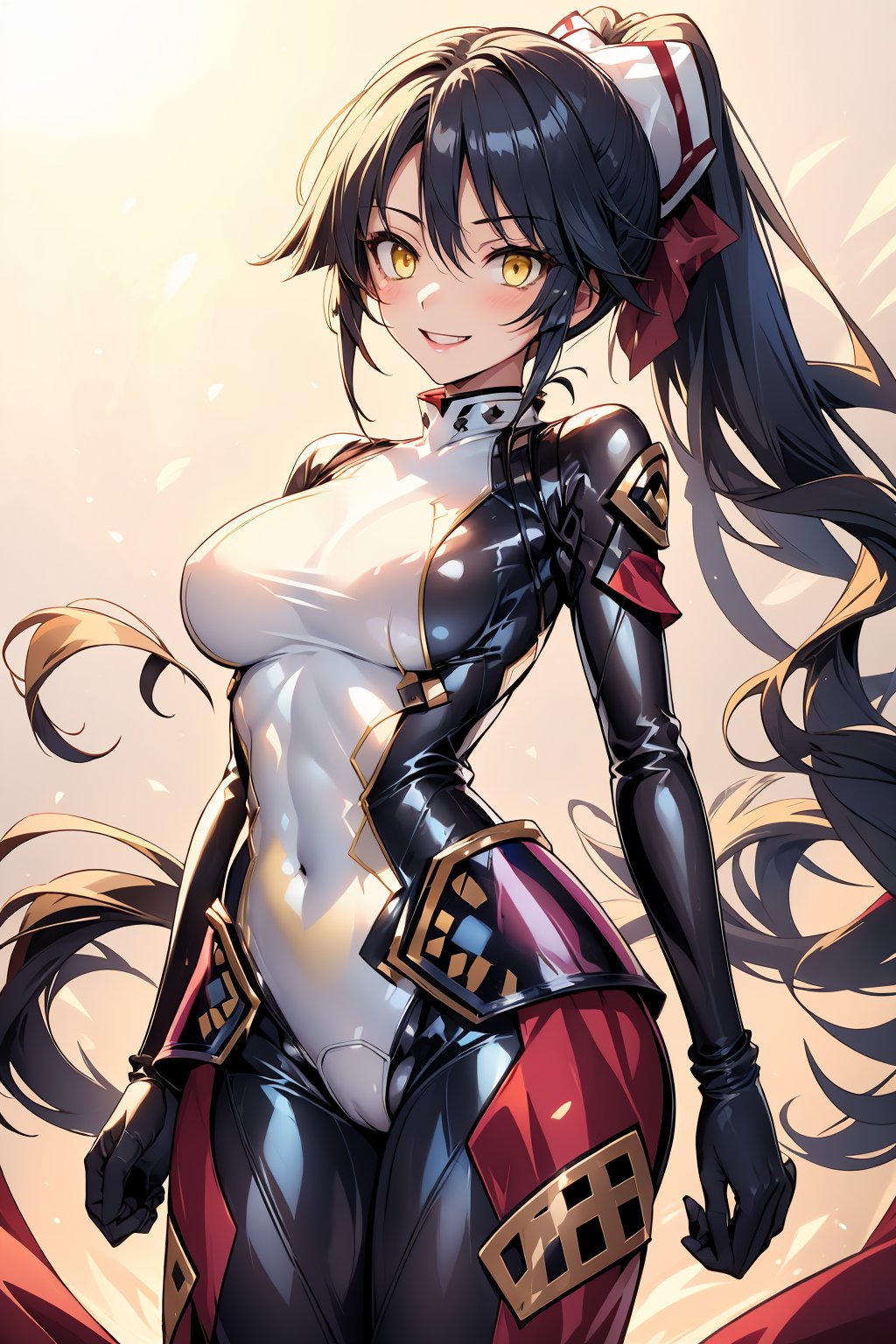 masterpiece, best quality, highres, 1girl, solo, standing, looking at viewer, large breasts, rubbersuit, latex suit, rubber suit, bodysuit, smile, simple background, white background, danzou katou, android, black hair, long hair, ponytail, (yellow eyes:1.5)