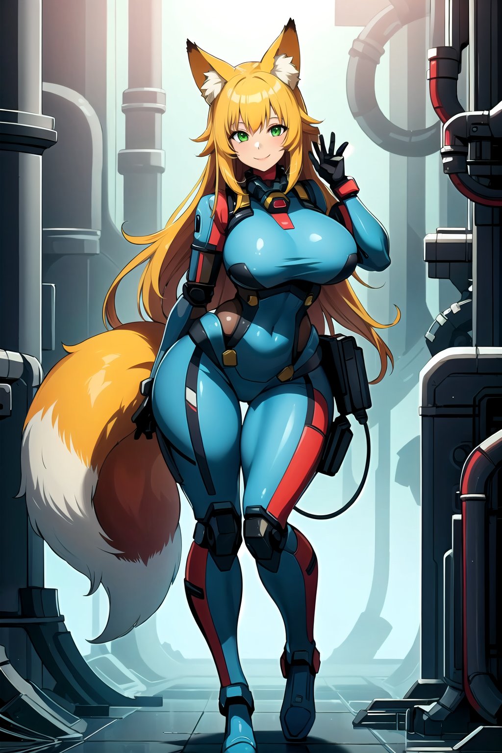 masterpiece, best quality, highres, plasttech, scifi, synthetic, transparent, 1girl, solo, standing, looking at viewer, curvy body, large breasts, yellow hair, long hair, fox ears, fox tail, smile, green eyes