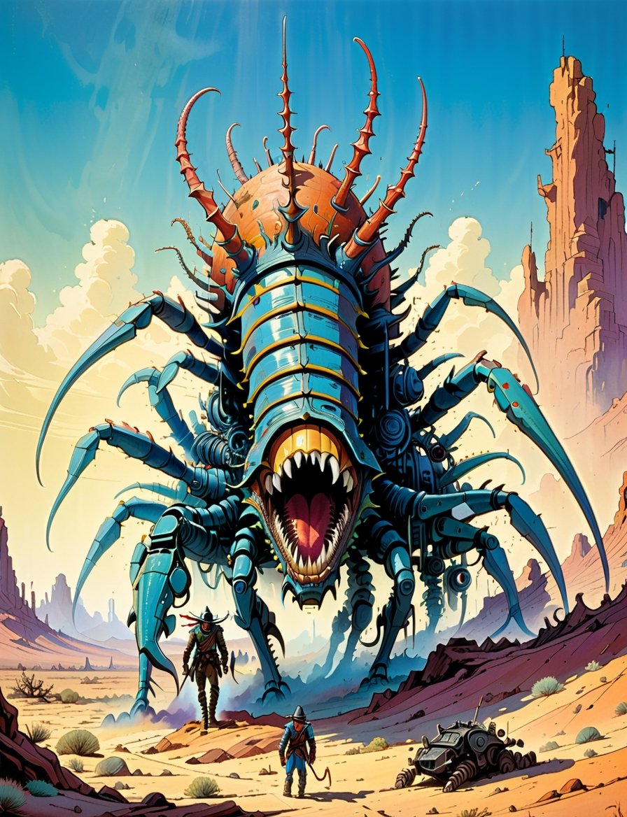 1980s style fantasy.oil painting.barren desert.dynamic action scene. a large centipede monster ,  the monster stands on mu...