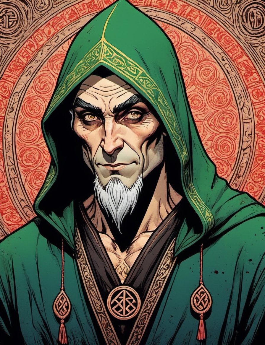 the comic portrait of an evil elf wizard wearing a black hood with magic runes,  ,  inspired by Jesús Mari Lazkano by Crys...