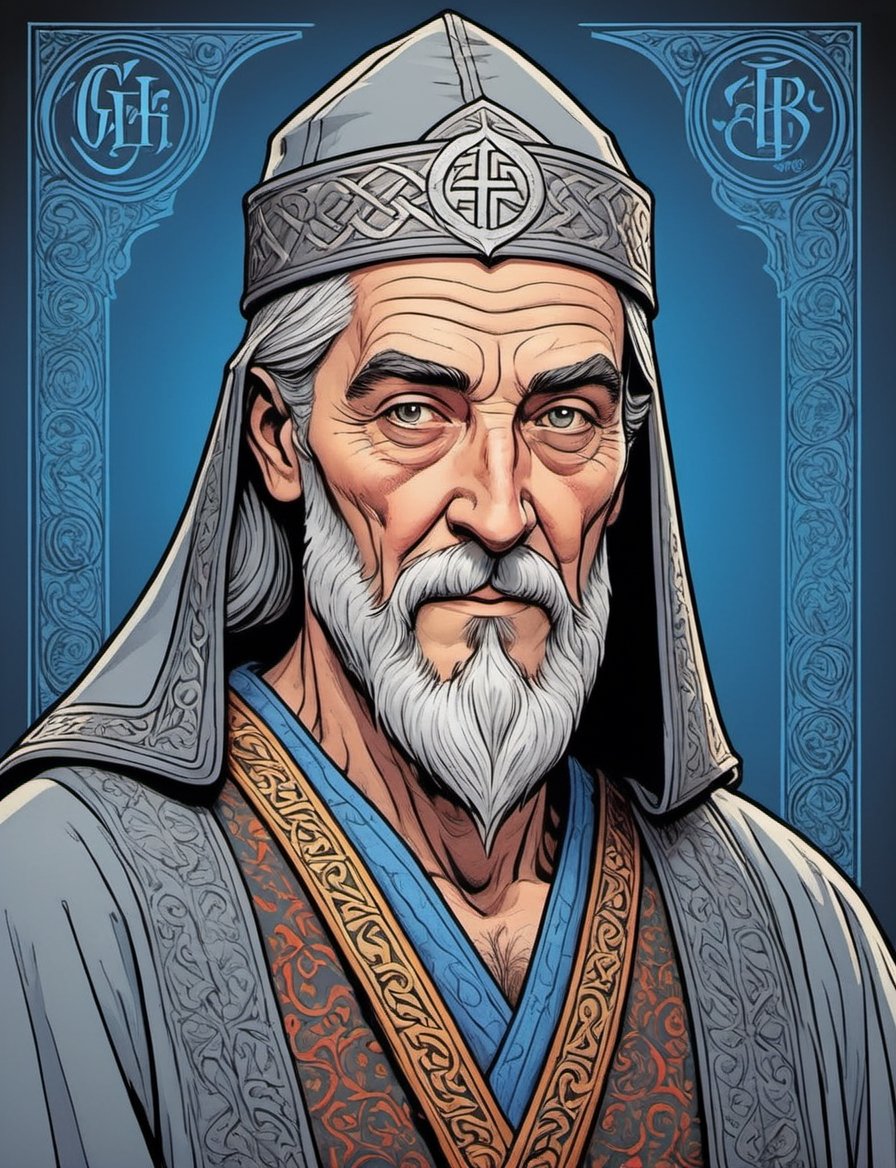 head and shoulders comic portrait of galdalf the gray wearing wizard robes with magic runes,  ,  inspired by Jesús Mari La...