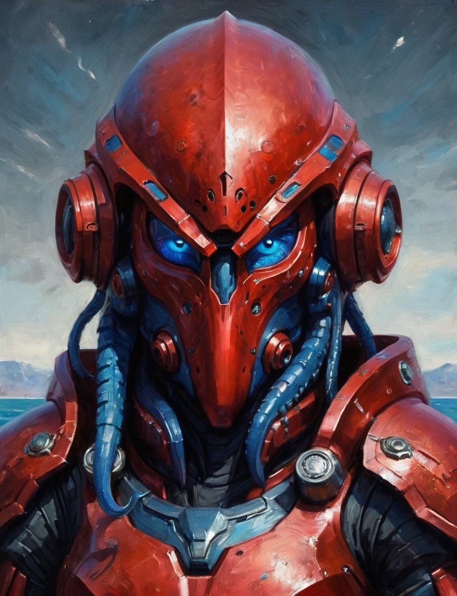head and shoulders portrait,  blue squid alien in spartan red power armor looking down on the viewer,  wide range of color...