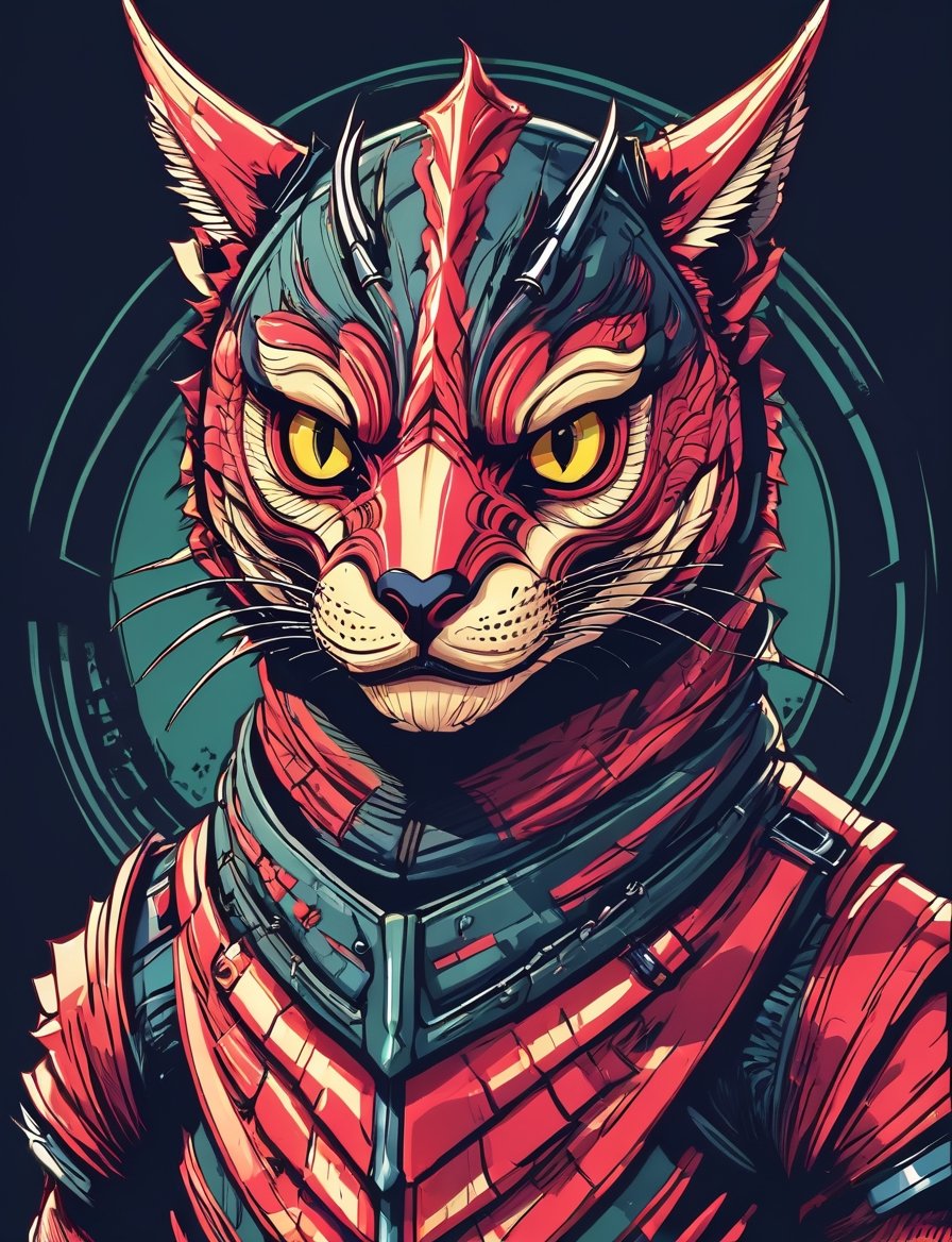 head and shoulders portrait, (velociraptor cat :1.5) warrior, wearing armor, colorful, symmetrical precise detail, symmetrical features, (flat silkscreen:1.5) , wearing mask, pastel-color, creative, dark flat color background ,oni style