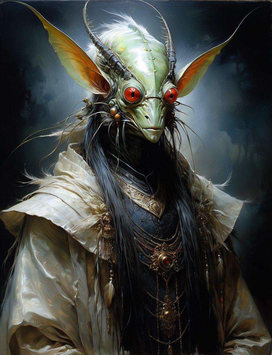 head and shoulders portrait,  anthropomorphic Hybrid bird alien mantis animal oni,  wearing traditional clothing by Crysta...