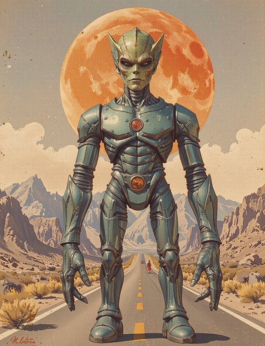 A iron giant alien styled with 1950s American vintage aesthetics,  featuring retro metallic designs and a desert highway b...