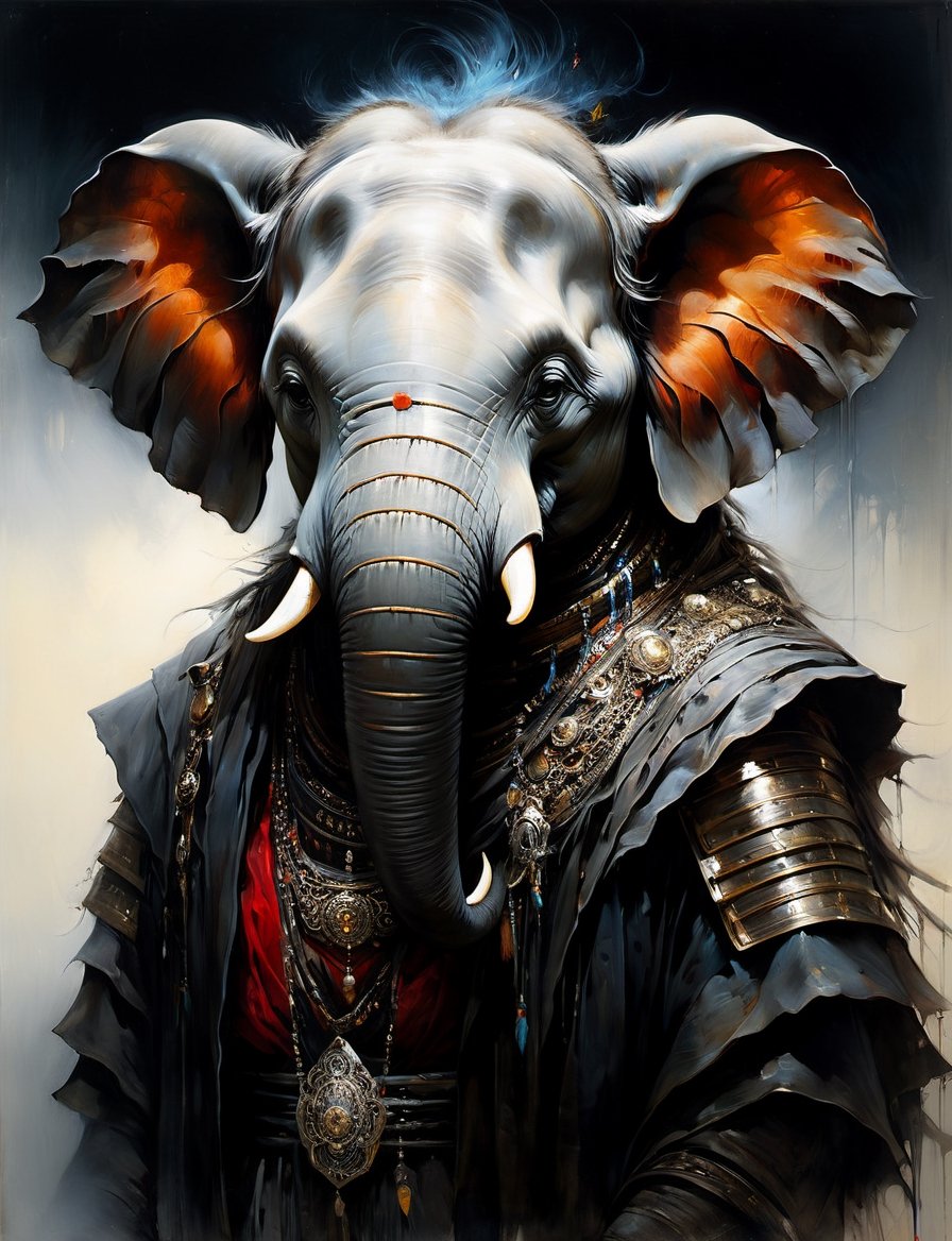 head and shoulders portrait,  anthropomorphic Hybrid bird alien elephant animal oni,  wearing traditional clothing by Crys...