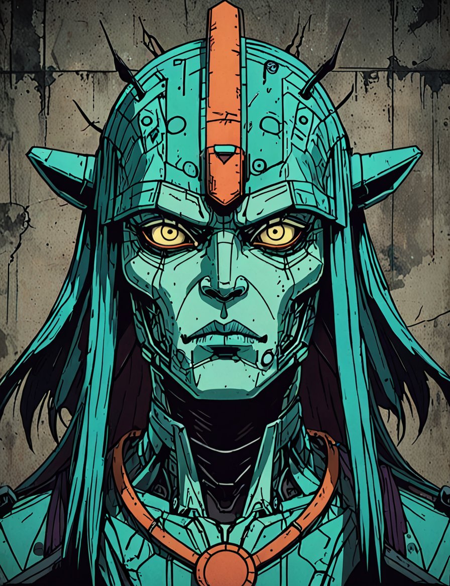 (close up, head and shoulders portrait:1.5), red, orange, green, teal, aqua, blue, violet gradient ,(anthromorphic pyramid shaped robot :1.5), samurai, wearing samurai armor, (strong outline sketch style:1.5), symmetrical features, gritty fantasy, (darkest dungeon art style :1.4), dark muted background, detailed, one_piece_wano_style, Dark Manga of,anime screencap,Dark Anime of