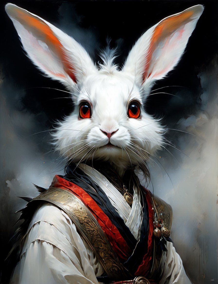 head and shoulders portrait,  anthropomorphic Hybrid bird alien rabbit animal oni,  wearing traditional clothing by Crysta...