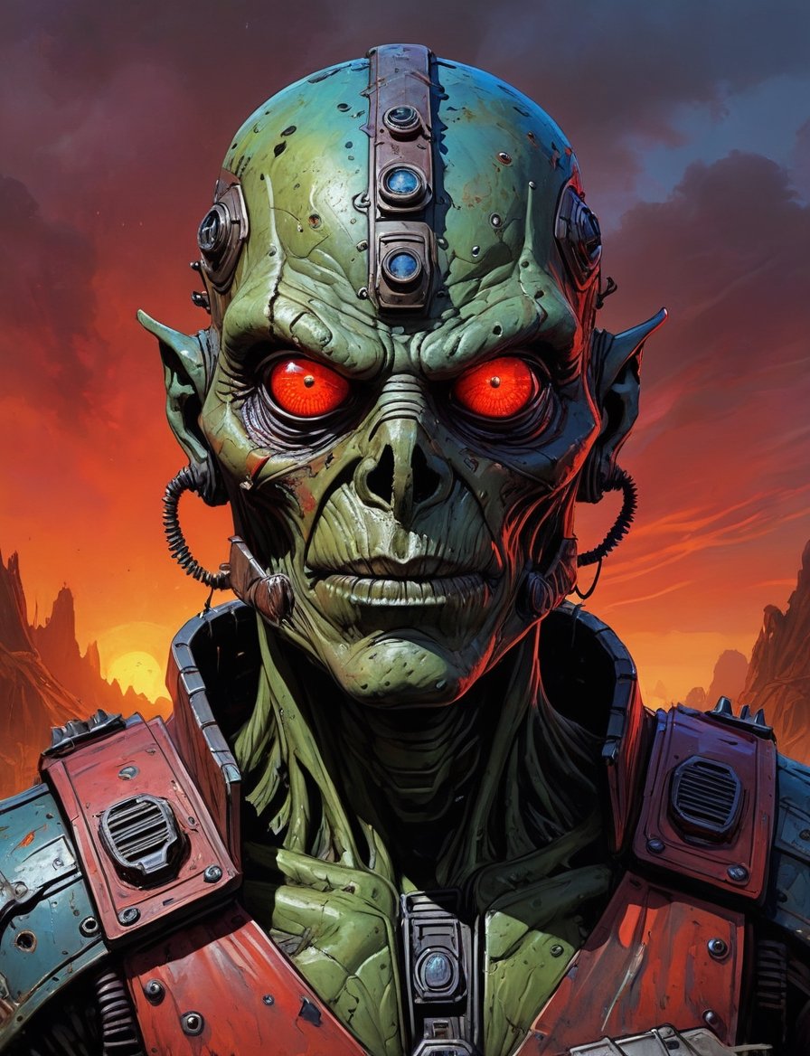 head and shoulders portrait,  A post-apocalyptic alien swamp thing wearing a patched-together outfit in dystopian style,...