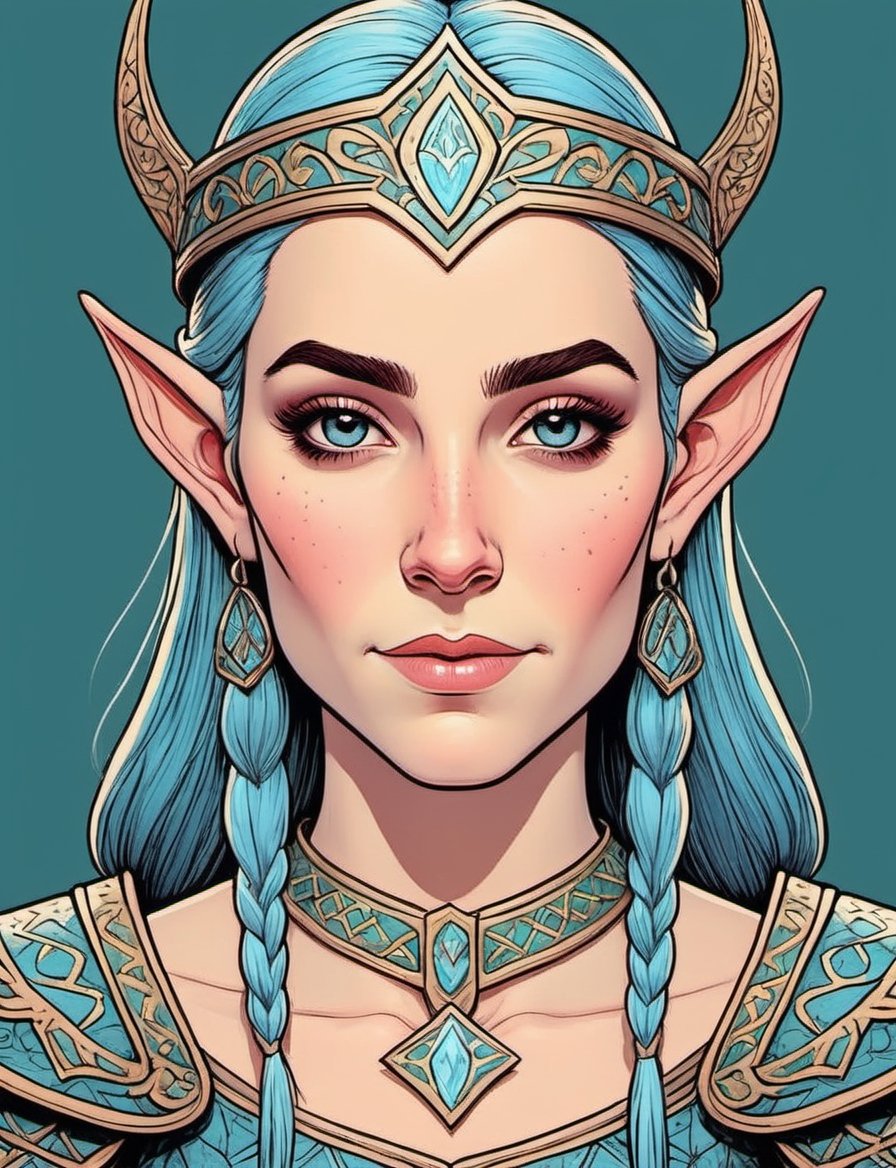 head and shoulders comic portrait of a elf princess wearing armor with magic runes,  ,  inspired by Jesús Mari Lazkano by...
