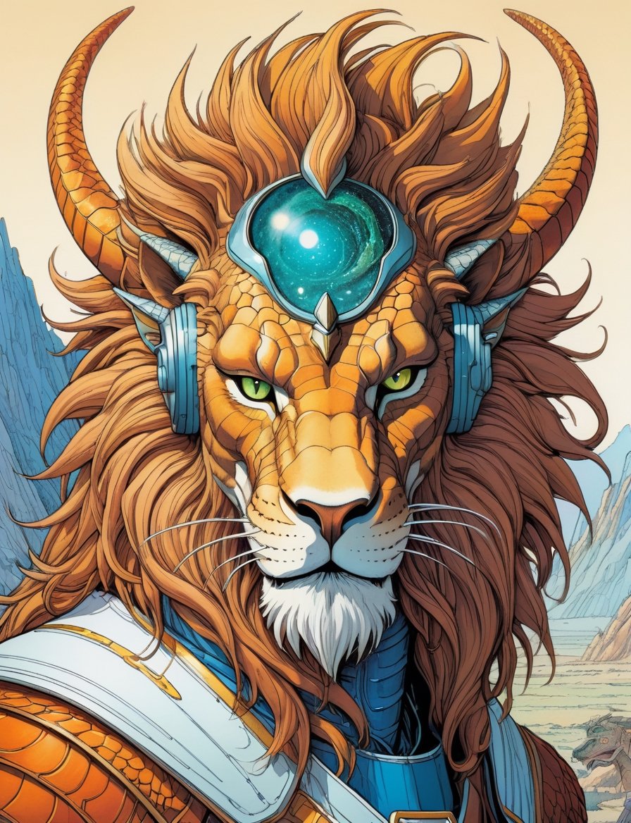 Jean Giraud ((Moebius style)),  head and shoulders Portrait of a anthropomorphic fusion with animal space monk cyborg,  ba...