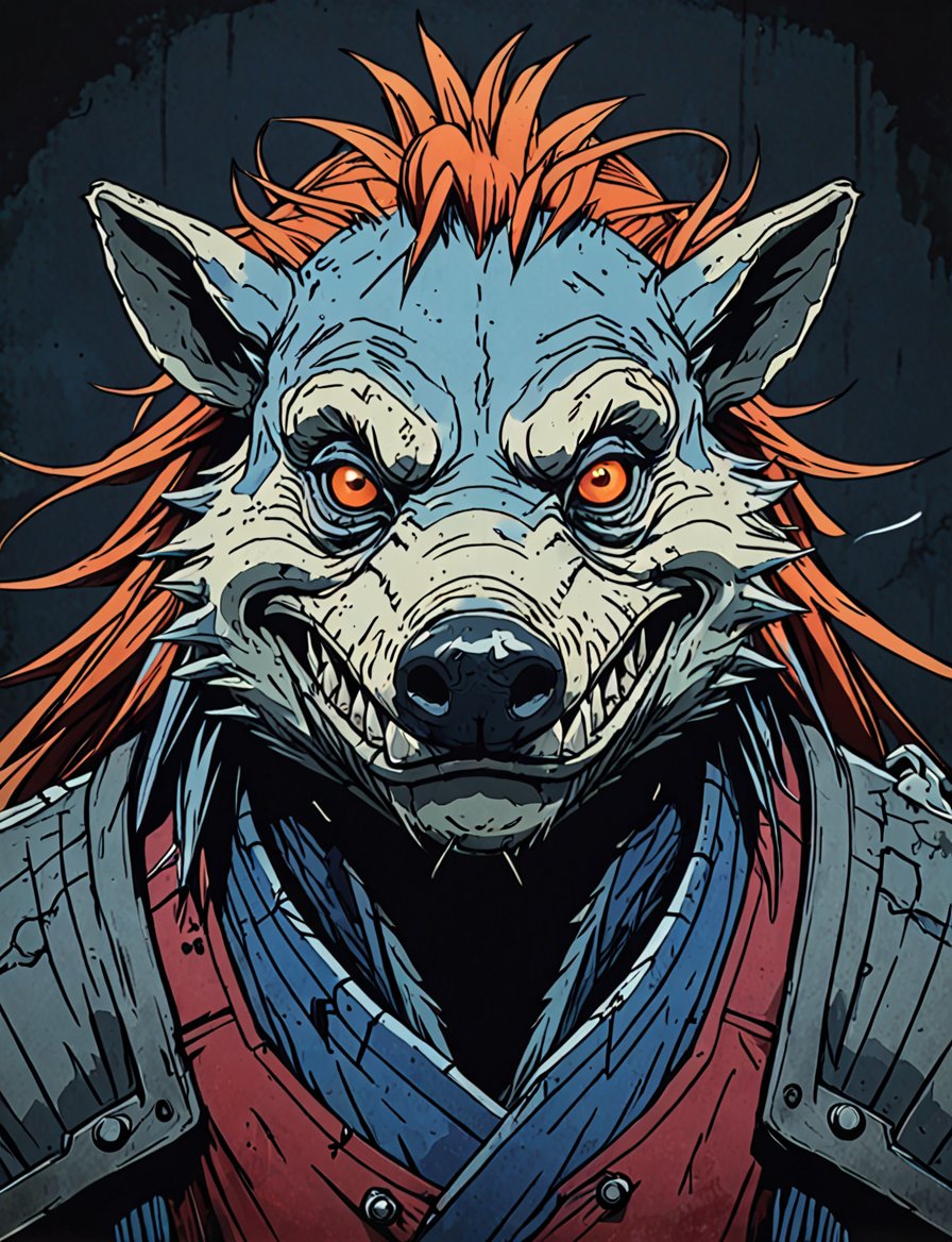 (close up, head and shoulders portrait:1.5), red, orange, blue, violet gradient ,(anthromorphic razorback:1.5), samurai, wearing samurai armor, (strong outline sketch style:1.5), symmetrical features, gritty fantasy, (darkest dungeon art style :1.4), dark muted background, detailed, one_piece_wano_style, Dark Manga of,anime screencap,Dark Anime of