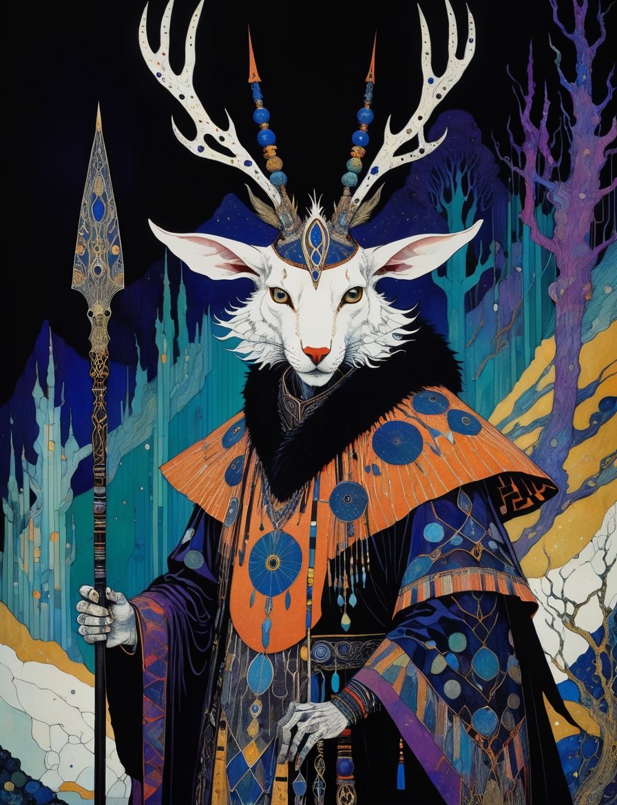 Painting of a wolpertinger shaman with a spear and traditional clothing,  in the style of harry clarke and gustav klimt,...