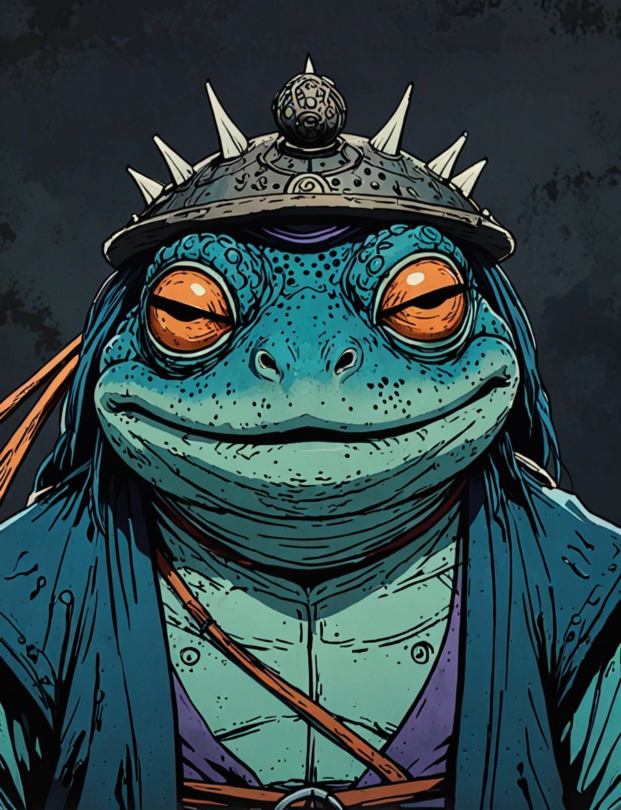 (close up, head and shoulders portrait:1.5), orange, teal, blue, violet gradient , (anthromorphic toad :1.5), samurai, wearing samurai armor, (strong outline sketch style:1.5), symmetrical features, gritty fantasy, (darkest dungeon art style :1.4), dark muted background, detailed,one_piece_wano_style,Dark Manga of