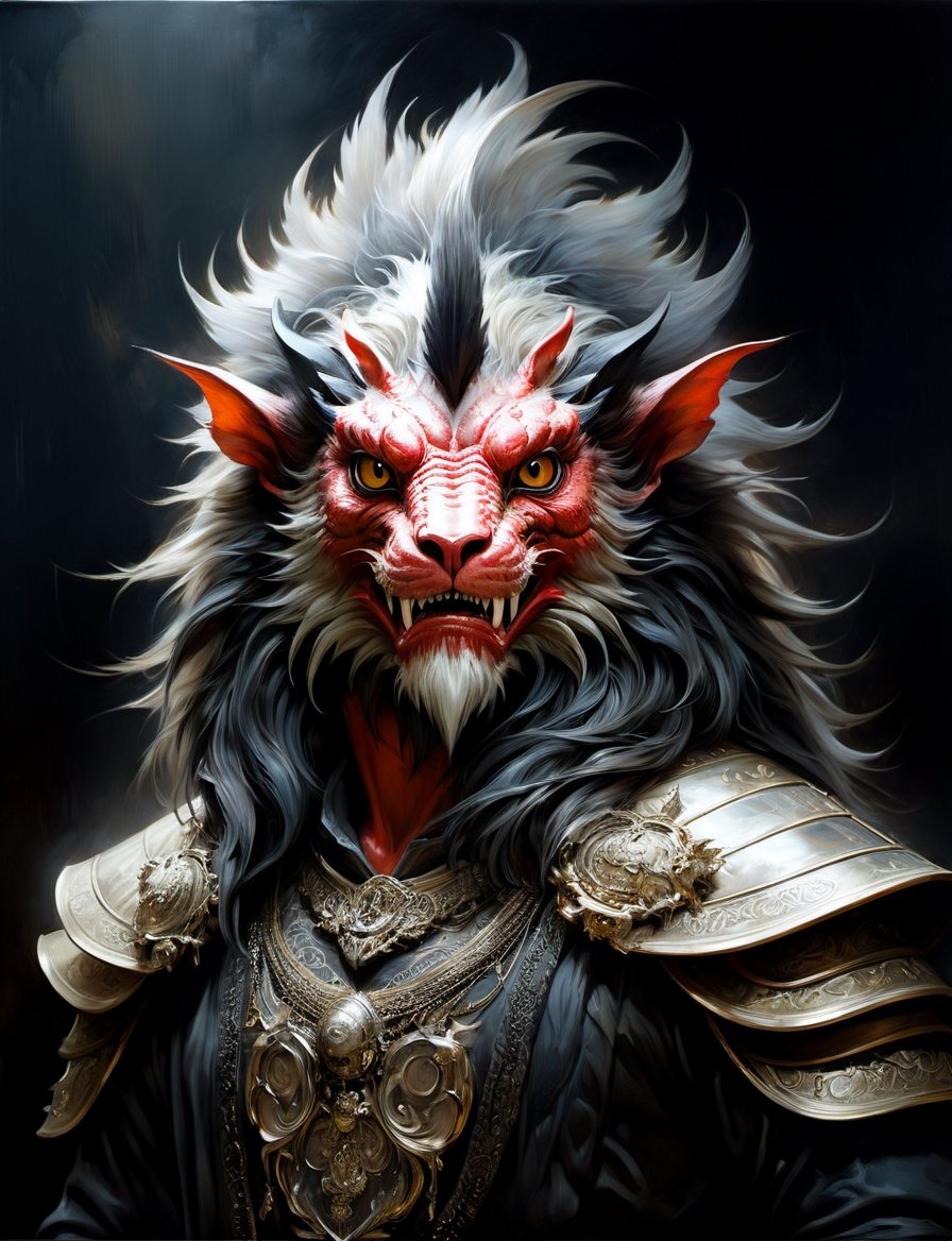 head and shoulders portrait,  anthropomorphic Hybrid bird alien manticore animal oni,  wearing traditional clothing by Cry...