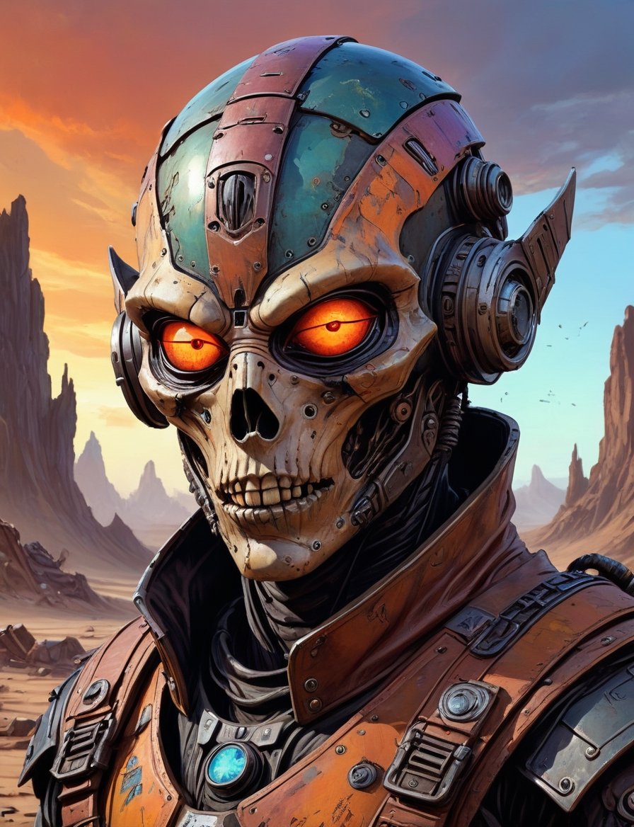 head and shoulders portrait,  A post-apocalyptic alien necromancerranger wearing a patched-together outfit in dystopian st...