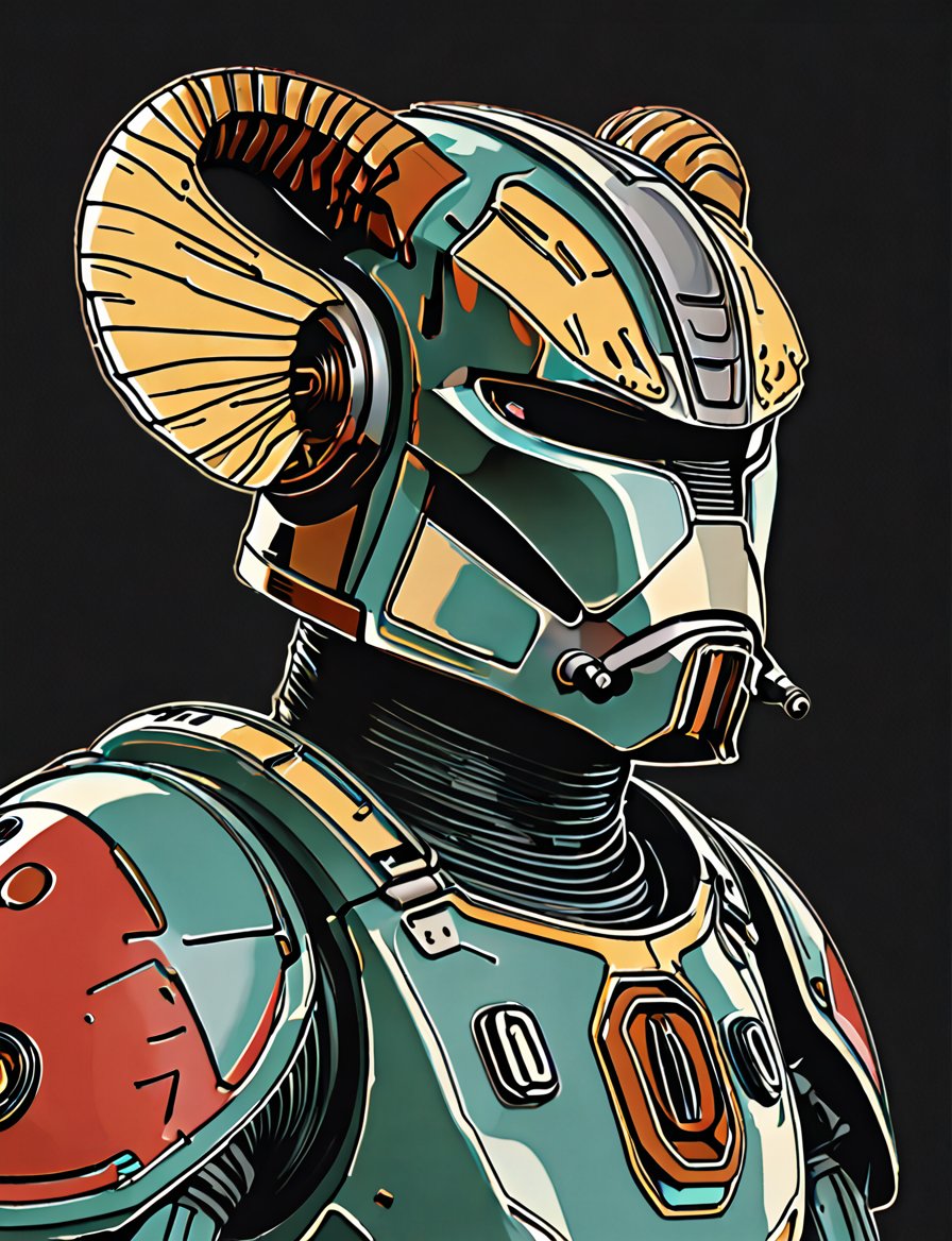 (close up, head and shoulders portrait:1.5), An extremely detailed 1970s retro-future anthropomorphic (mandolorian:1.2) (manticore :1.4) robot, centered, (strong outline sketch style:1.5), (flat silkscreen art style:1.9), (solid dark background:1.2), (retro color scheme), masterpiece, epic, by pascal blanche rutkowski repin artstation painting concept art of detailed character design matte painting, 4 k resolution blade runner, dark muted background, detailed, comic book,dcas_lora