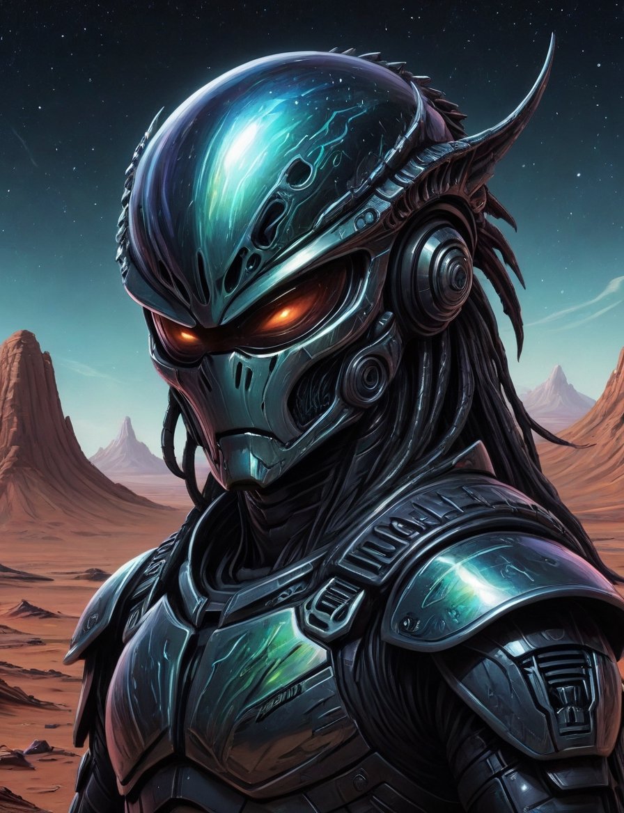Close up,  head and shoulders portrait,  xenomorph space cowboy alien guardian in futuristic iridescent and black armor on...