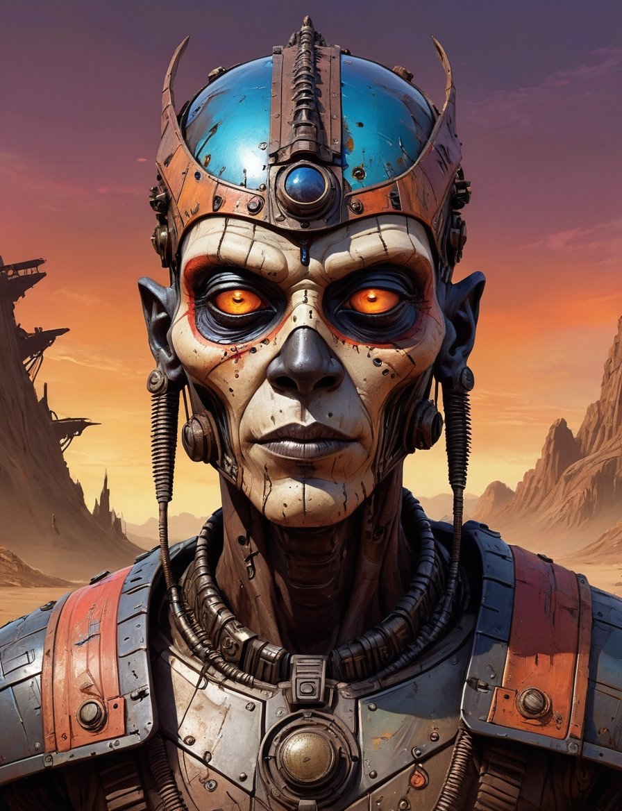 head and shoulders portrait,  A post-apocalyptic alien pharaoh wearing a patched-together outfit in dystopian style,  rust...