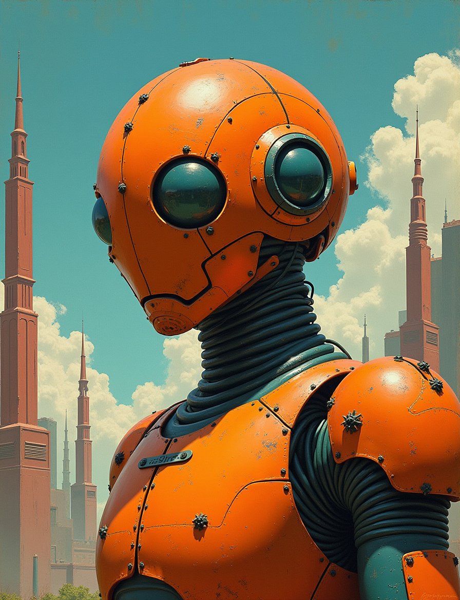 1950s retro sci-fi painting of a head and shoulders portrait,  male ,  a anthropomorphic bug robot spherical bounty hunter...