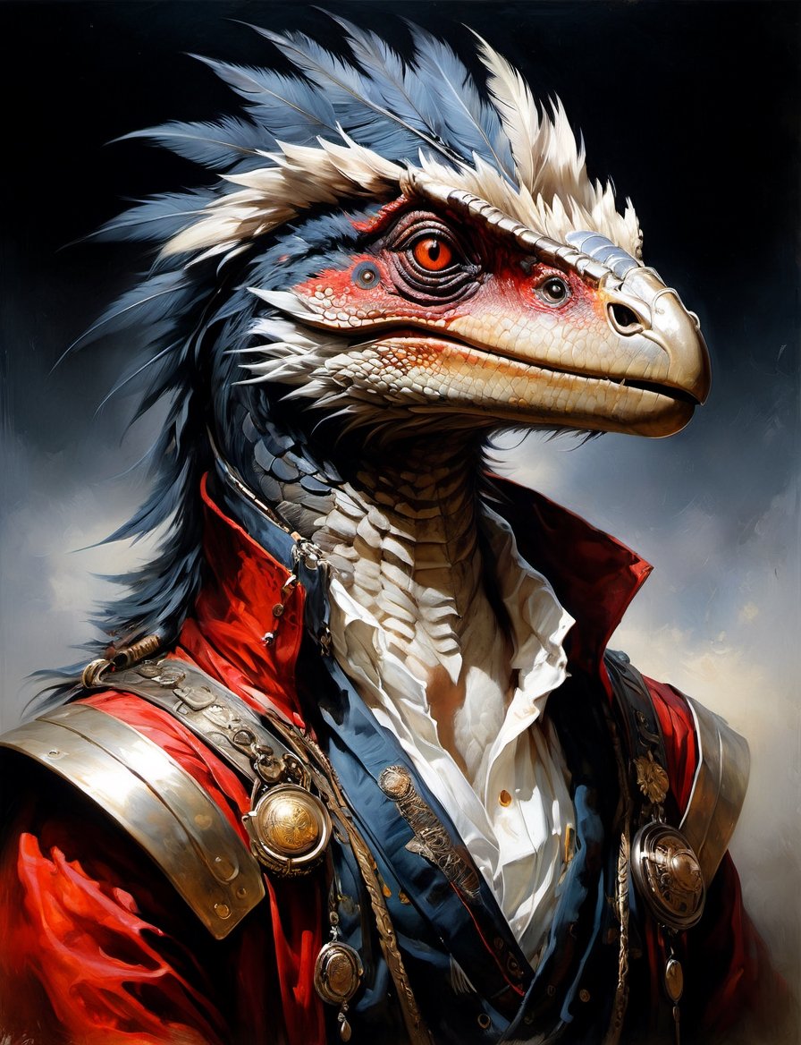 head and shoulders portrait,  anthropomorphic Hybrid bird alien velociraptor animal oni,  wearing traditional clothing by...