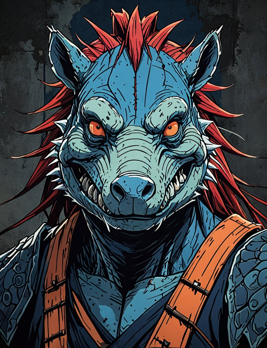 (close up, head and shoulders portrait:1.5), red, orange, blue, violet gradient ,(anthromorphic razorback reptile:1.5), samurai, wearing samurai armor, (strong outline sketch style:1.5), symmetrical features, gritty fantasy, (darkest dungeon art style :1.4), dark muted background, detailed, one_piece_wano_style, Dark Manga of,anime screencap,Dark Anime of