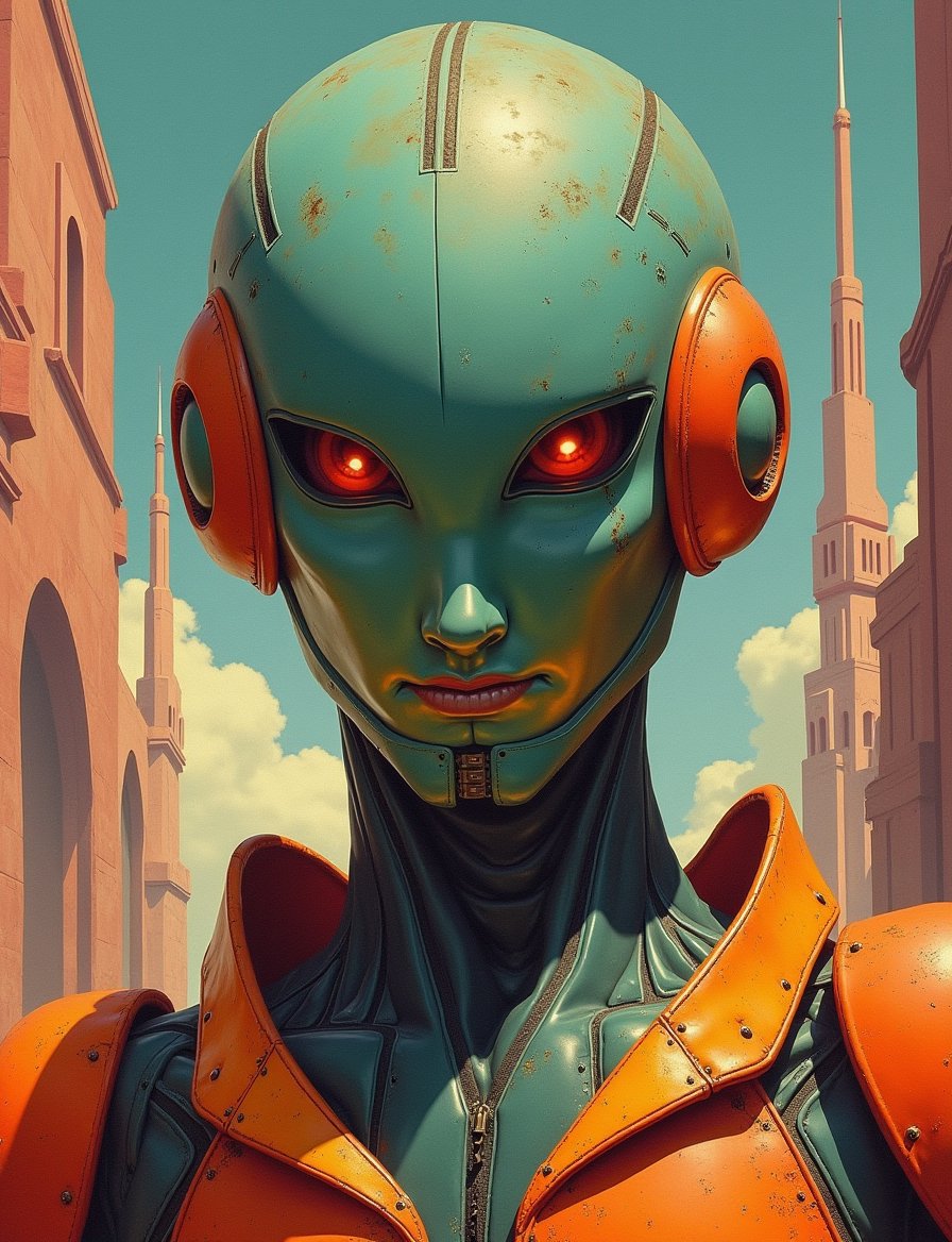 1950s retro sci-fi painting of a head and shoulders portrait,  male ,  a anthropomorphic spherical robot bounty hunter by...
