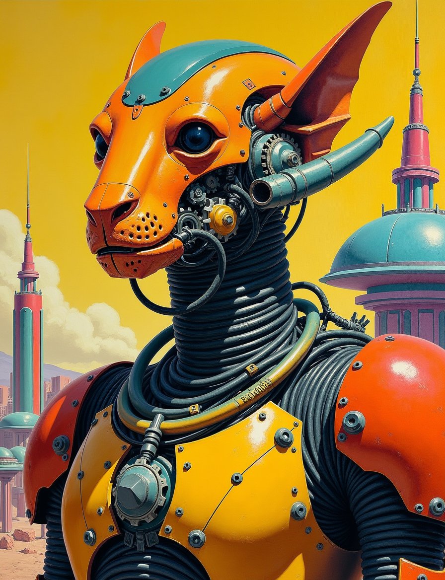 1950s retro sci-fi painting of a head and shoulders portrait,  a beast warrior ,  wearing polycarbonate armor with intrica...