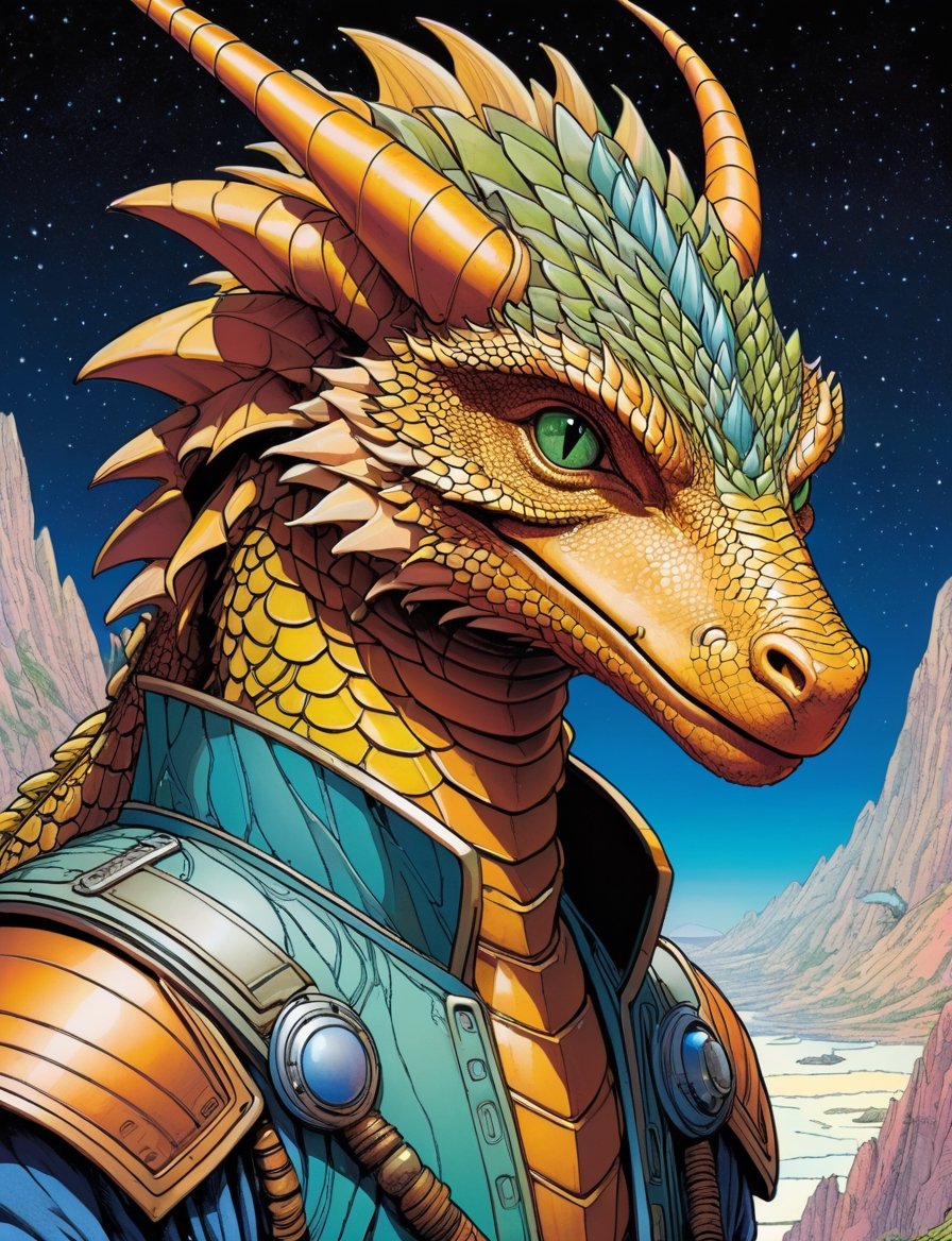 Jean Giraud ((Moebius style)),  head and shoulders Portrait of a anthropomorphic fusion with animal space sci-fi cyborg,...