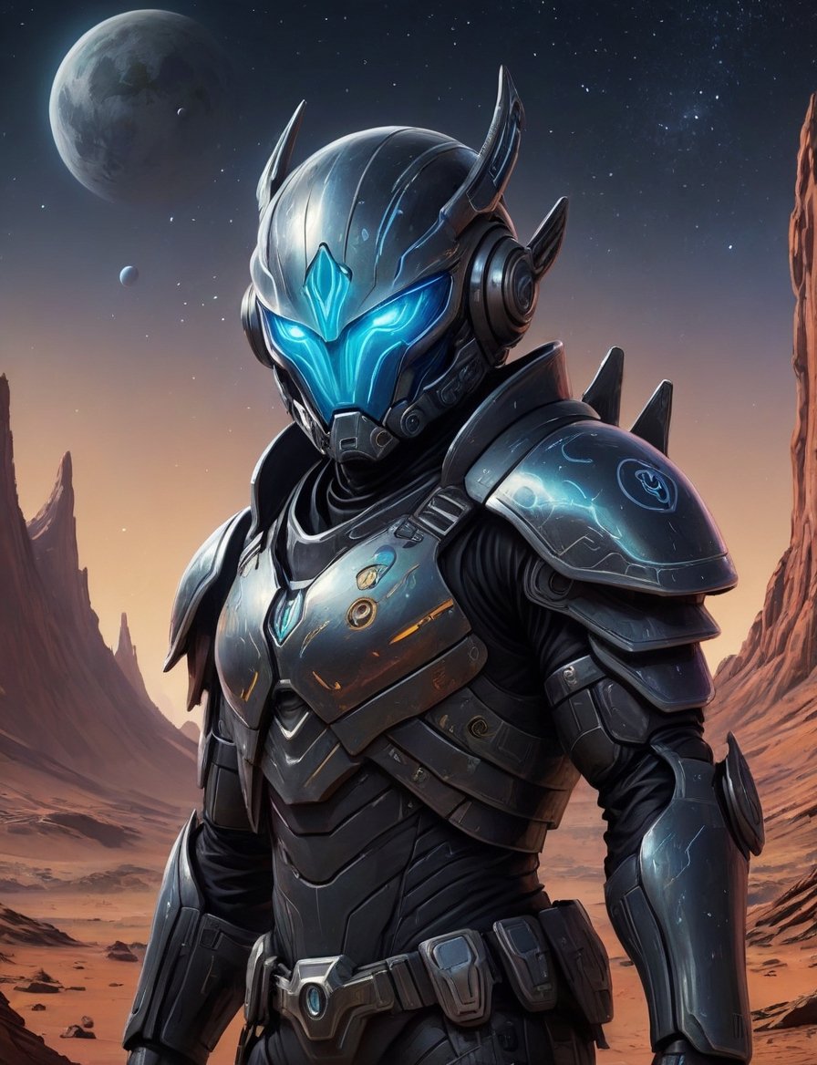 Close up,  head and shoulders portrait,  destiny 2 cowboy alien guardian in futuristic iridescent and black armor on Mars....