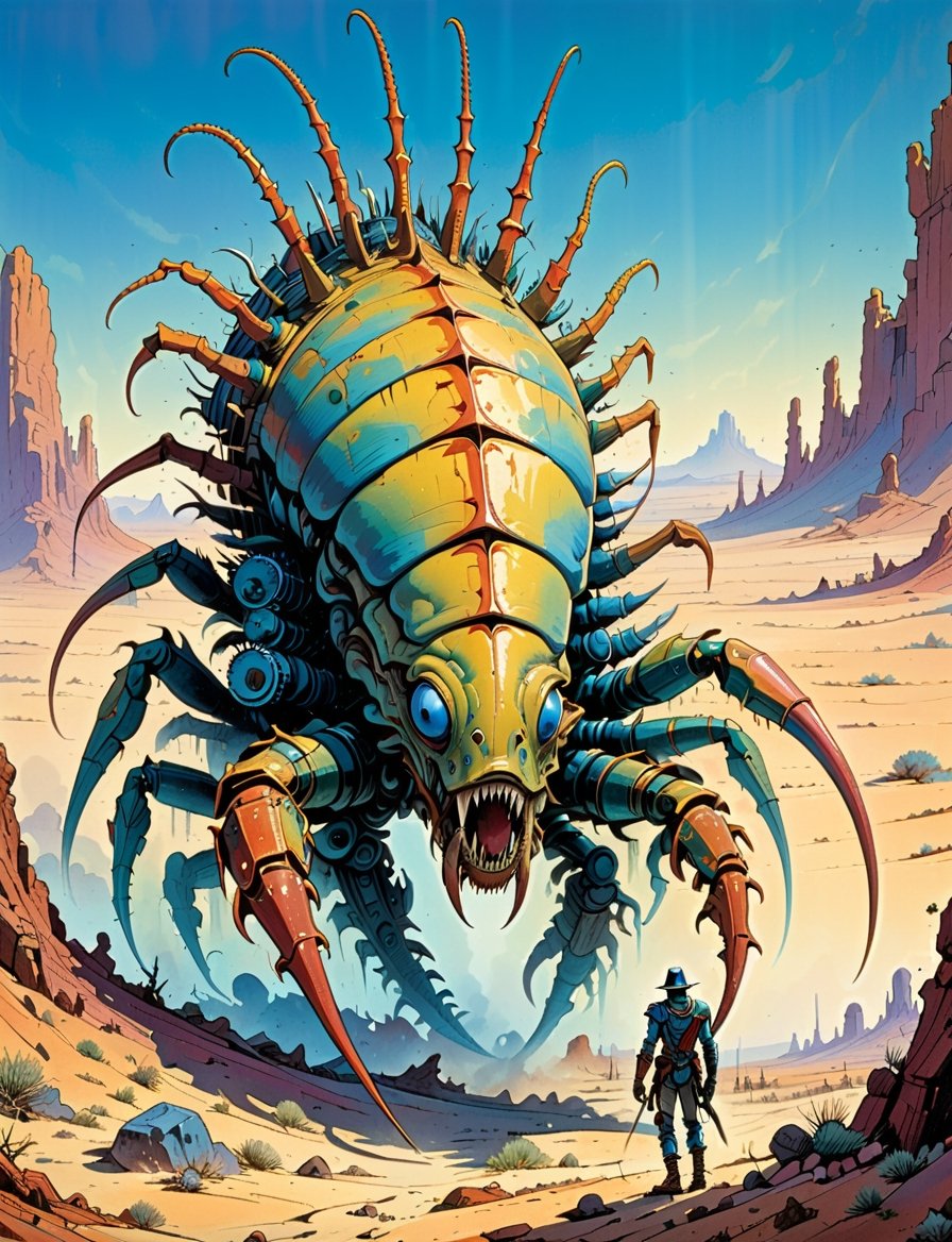 1980s style fantasy.oil painting.barren desert.dynamic action scene. a large centipede monster ,  the monster stands on mu...