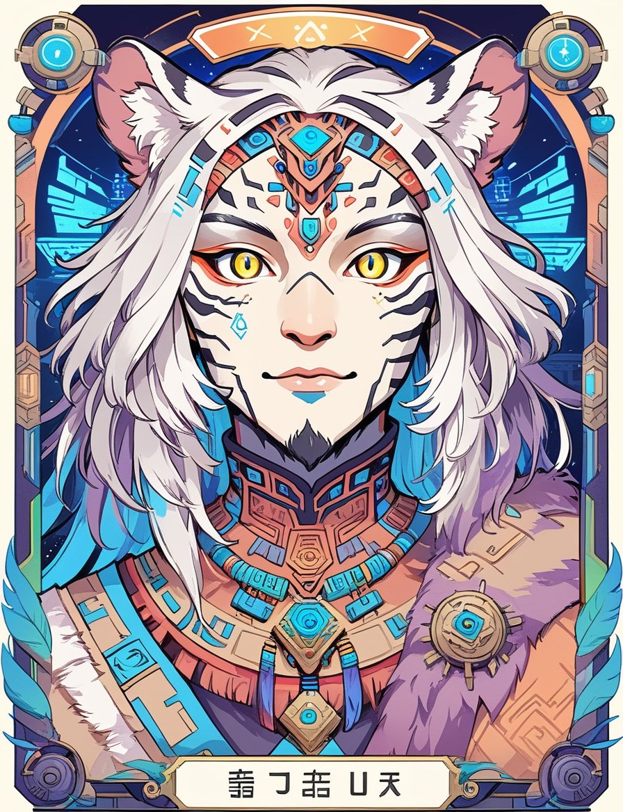 1male:3, anthropomorphic tiger, Churnstyle,cyberpunk,tarot card,4K UHD,studio ghibli style,neo-aztec,high-tech lowlife, ,nocturne,breakdomain,portraitart,portrait art style