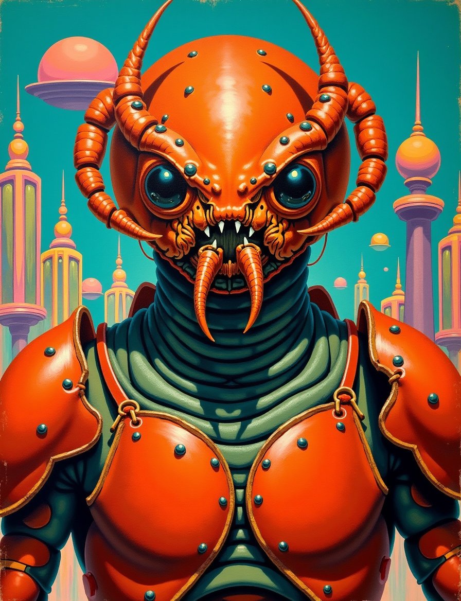 1950s retro sci-fi painting of a head and shoulders portrait,  a anthropomorphic chitinous crab warrior ,  wearing chitin...