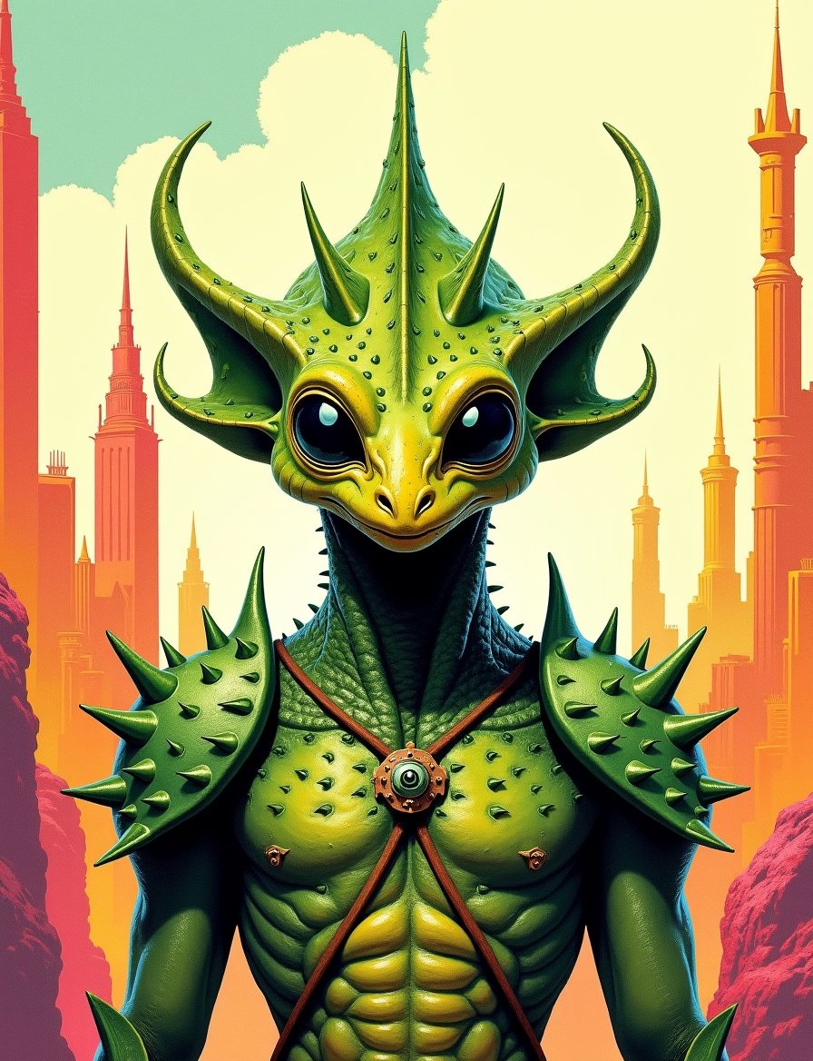 1950s retro sci-fi painting of a head and shoulders portrait,  a anthropomorphic scaled warrior ,  wearing armor with intr...