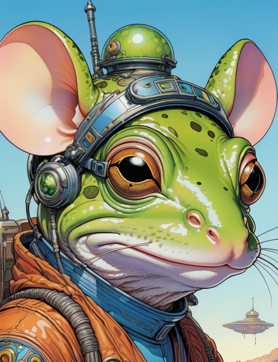 Jean Giraud ((Moebius style)),  head and shoulders Portrait of a anthropomorphic fusion with animal space sci-fi cyborg,...