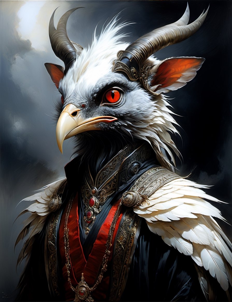 head and shoulders portrait,  anthropomorphic Hybrid bird alien wolpertinger animal oni,  wearing traditional clothing by...